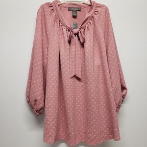Olivia & Martin Top Plus 2X Polka Dot Tie Neck 3/4 Raglan Sleeve Tunic Modest